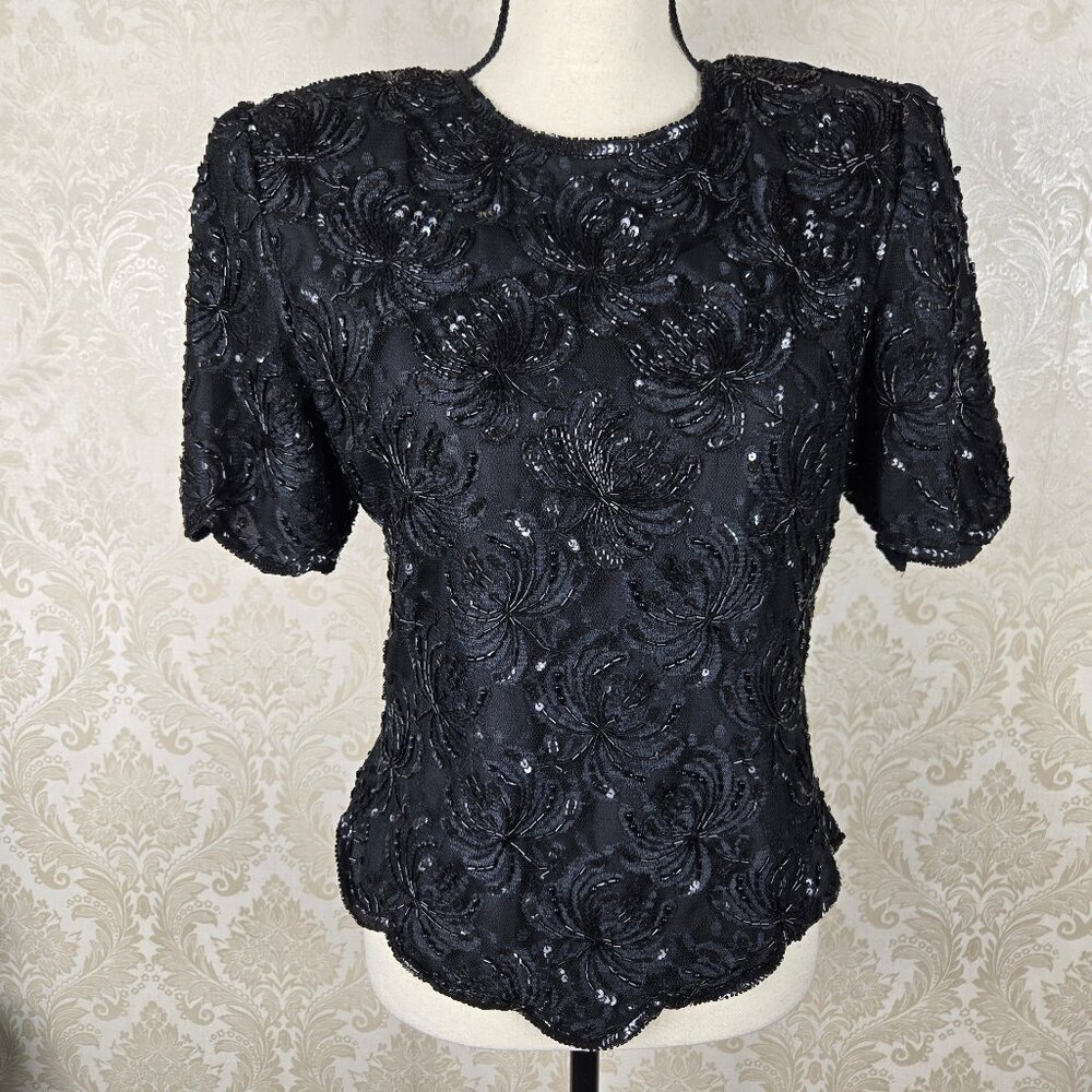 Lawrence Kazar Size Large Black Lace Blouse Sequins Beaded Scalloped Hem Formal